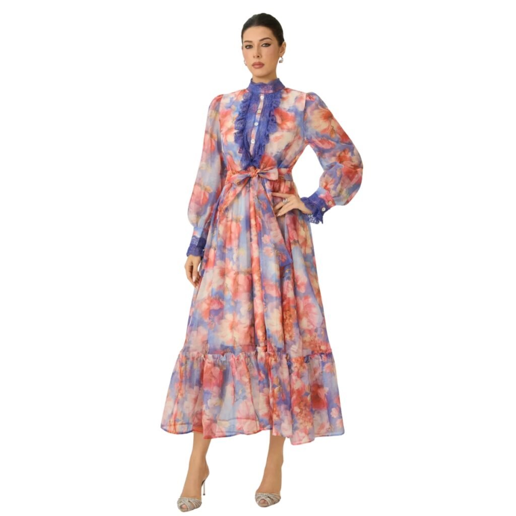 Women's Blue and Coral Floral Print Dress with Lace Ruffles and Puff Sleeves (1)