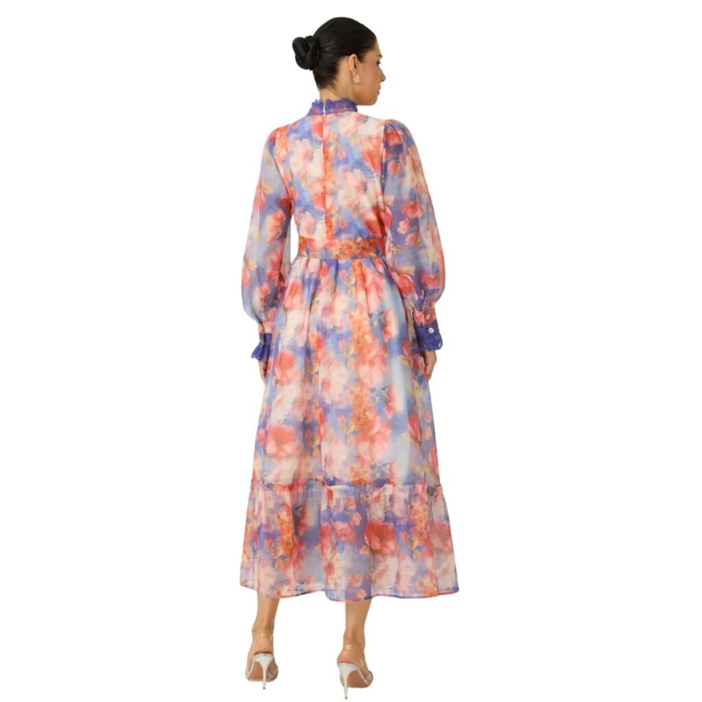 Women's Blue and Coral Floral Print Dress with Lace Ruffles and Puff Sleeves (2)