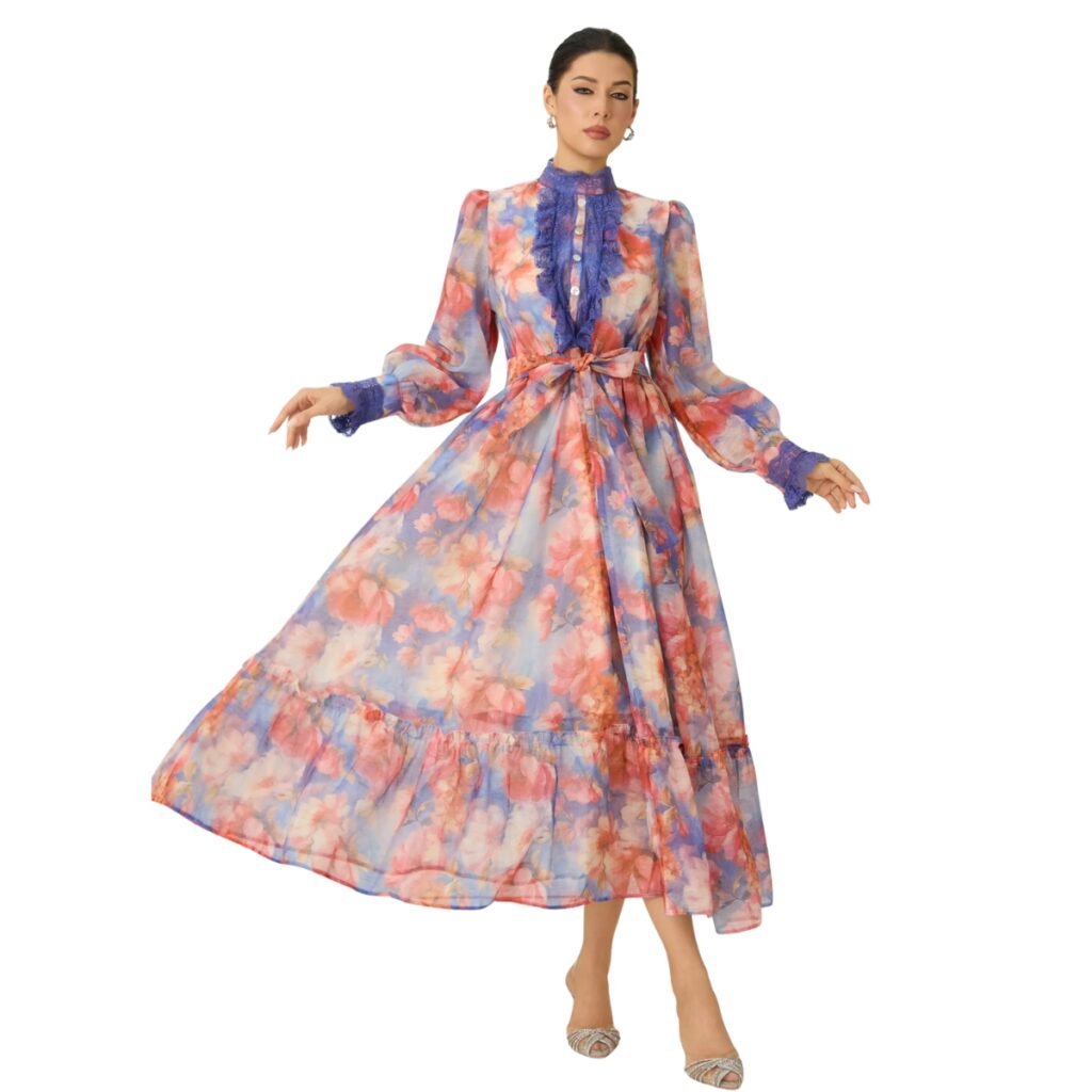 Women's Blue and Coral Floral Print Dress with Lace Ruffles and Puff Sleeves (3)